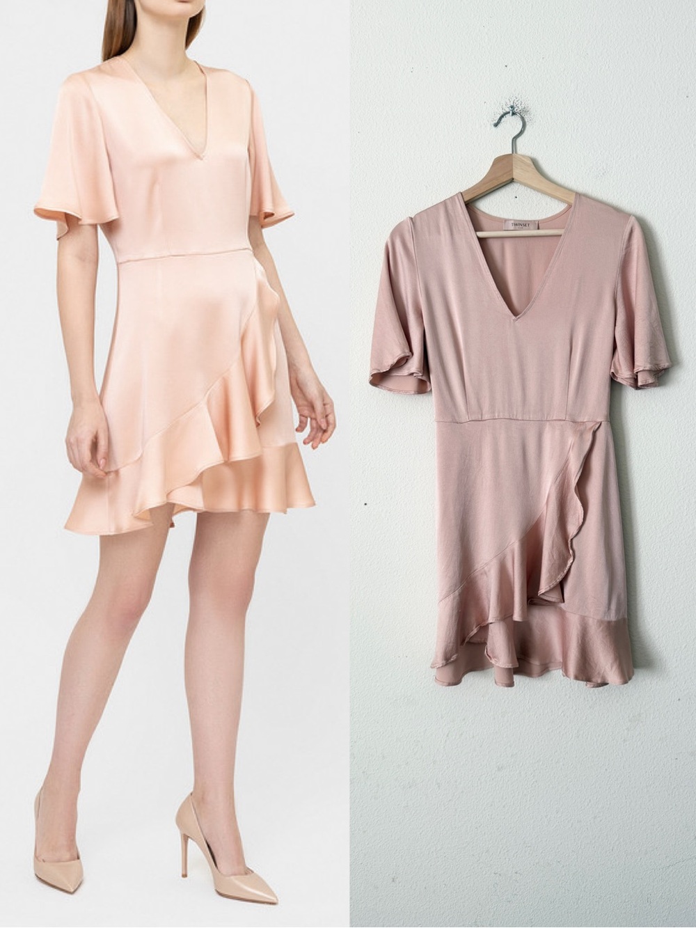 Twinset Milanop SMALL flutter sleeve blush pink Vneck satin mini dress